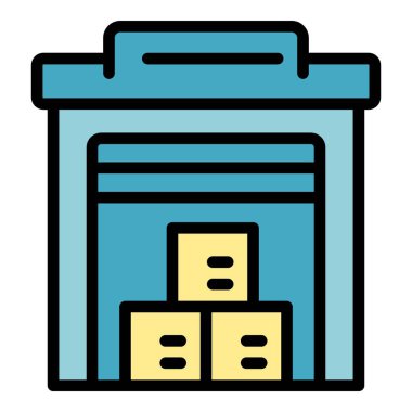 Depo dijital ikon ana hatları vektörü. İdari kontrol. Tedarik sistemi rengi düz