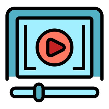 Video oynatıcı simgesi ana hatları vektörü. Kütüphane eğitimi. Sinema filmi rengi düz