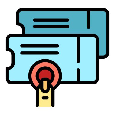 Çevrimiçi sinema bileti ikonu ana hatları vektörü. Film kitabı. Müzik filmi rengi düz