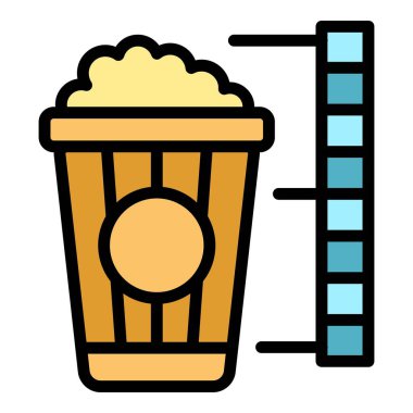 Büyük sinema patlamış mısır ikonu ana hatları vektörü. Televizyon filmi. Film videosu rengi düz