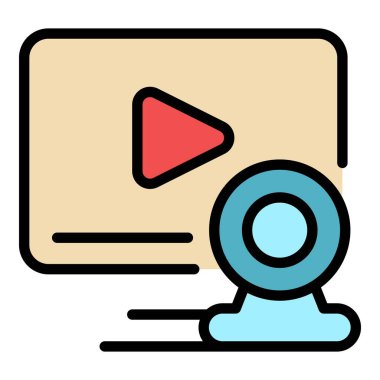 Video çevrimiçi kamera ikonu ana hatları vektörü. Grup toplantısı. İnternet webinar rengi düz