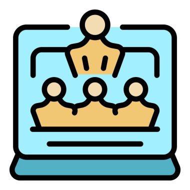 Grup çevrimiçi konferans ikonu ana hatları vektörü. Bilgisayar ofisi. Düz sohbet rengi giy