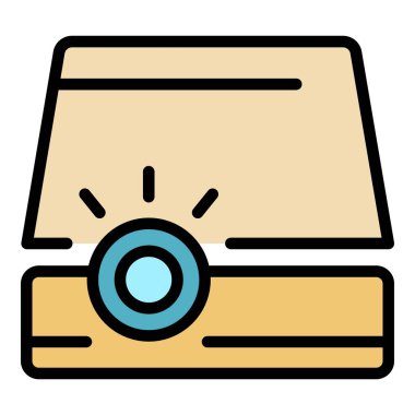 Konferans projektörü ana hatları vektörü. Ofis işleri. Ekran webinar rengi düz