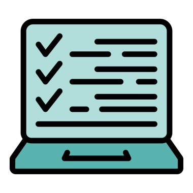 Laptop pazarlama ikonu ana hatları vektörü. Sosyal medya. Sağlık zihinsel rengi düz