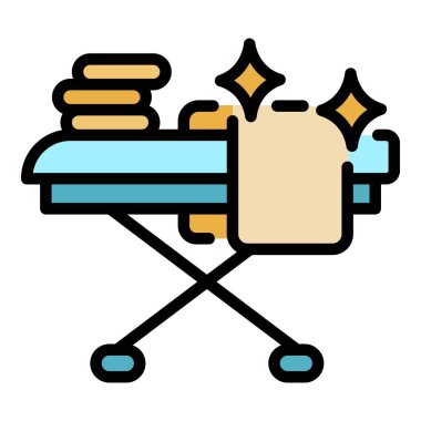 Temiz giysi ikonu ana hatları vektörü. Demir buhar. Elektrik buhar rengi düz