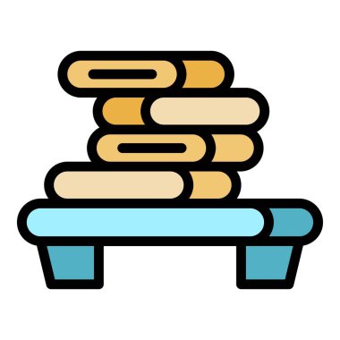 Kumaş yığını ikon ana hatları vektörü ütüleniyor. Demir masa. Elektrikli temiz renk düzlüğü