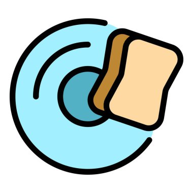 Sünger yıkama ikonu ana hatları vektörü. Sıvı şişe. Ürün suyu rengi düz