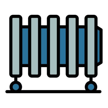 Tekerlekli radyatör ikonu ana hatları vektörü. Elektrikli ısıtıcı. Ev ısısı rengi düz