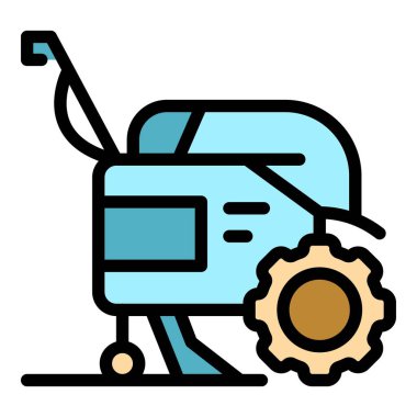 Makine çekici ikon ana hatları vektörü. Çiftlik işçisi. Çim makinesinin düz rengi