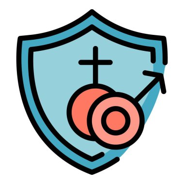 Güvenli doğum kontrol ikonu ana hatları vektörü. Kadın hapları. Erkek hormon rengi düz