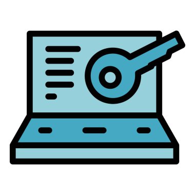 Laptop anahtar giriş simgesi ana hatları vektörü. Veri güvende. Antivirüs güvenlik rengi düz