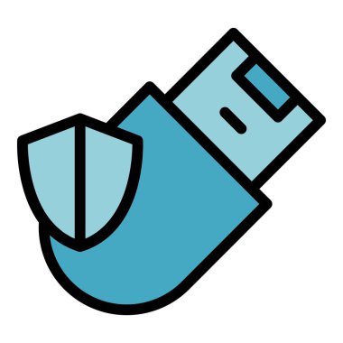 Güvenli usb flash ikon ana hatları vektörü. Veri güvende. Güvenlik duvarı rengi düz