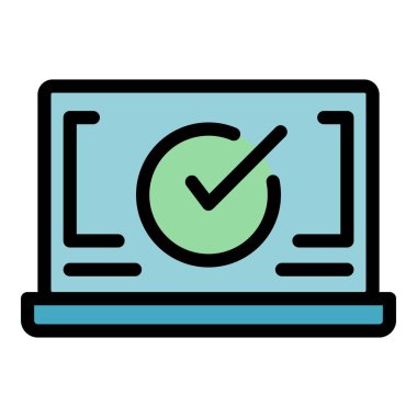 Koruyucu dizüstü bilgisayar simgesi ana hatları vektörü. Veri güvende. Güvenlik duvarı rengi düz