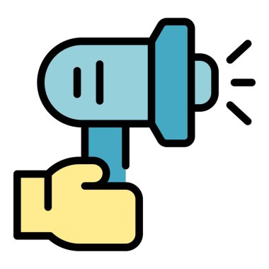 Megafon hayır etkinliği ana hatları vektörü. İnsanlar bağış yapıyor. Broşür rengi düz tutmaya yardım eder