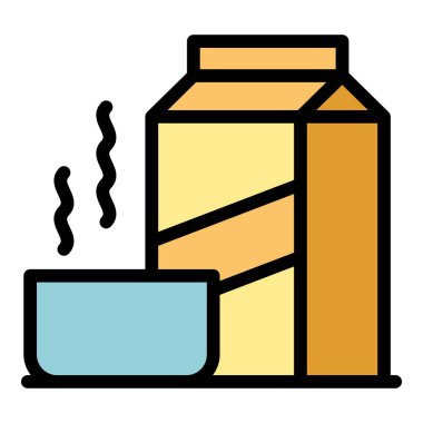 Sıcak mısır gevreği ikonu ana hatları vektörü. Süt kasesi. Kaşık yeme rengi düz