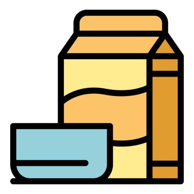 Mısır gevreği ikonu ana hatları vektörü. Kahvaltı kasesi. Kaşık yulaf rengi düz