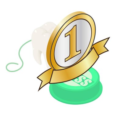 Diş bakımı ikonu izometrik vektörü. Diş ipinin yanındaki insan dişi, bir numaralı işaret. Diş hekimliği, stomatoloji, önleme kavramı