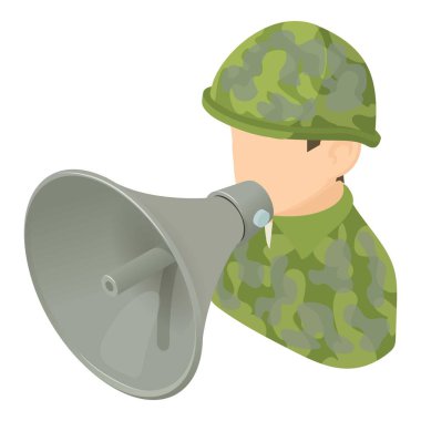 Askeri konuşma ikonu izometrik vektör. Hoparlörlü bir erkek asker. Toplum önünde konuşma, duyuru