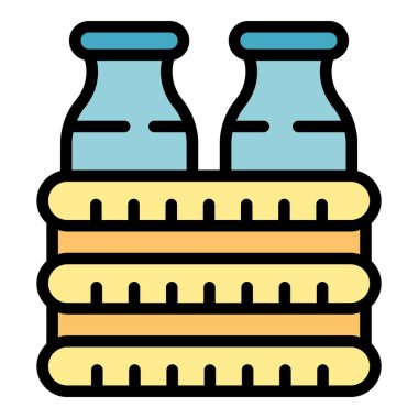 Süt şişesi simgesi ana hatlı vektör. Sebze içeceği. Yulaf rengi düz