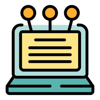 Laptop üretkenlik ikonu ana hatları vektörü. Mesai saati. İş takımının rengi düz