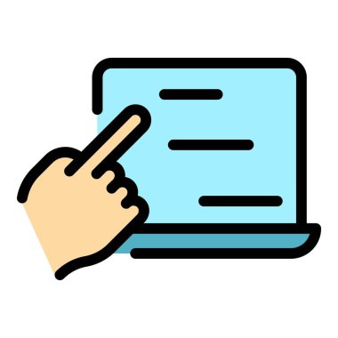 Dizüstü bilgisayar aygıtı ana hatları vektörü. Telefon uygulaması. Akıllı tıklama rengi düz