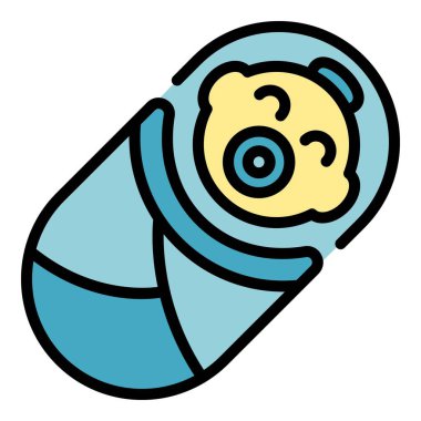 Yeni doğan bebek ikon ana hatları vektörü. Çocuk bakımı. Anne mutlu bir renk.