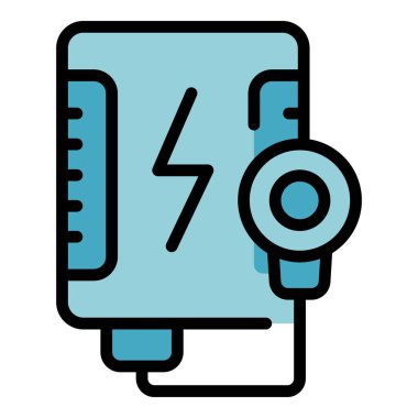 Taşınabilir güç bankası simgesi ana hat vektörü. Pil şarjı. Enerji kablosu rengi düz