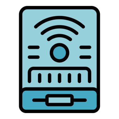 Kablosuz güç bankası ikon ana hatları vektörü. Şarj aleti. Dış elektrik rengi düz