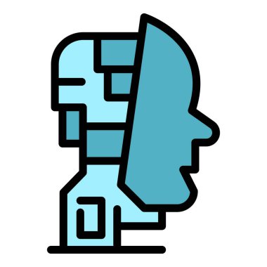 Yüz ve robot ikonu ana hatları vektörü. Şirin bir robot oyuncak. Boşluk akıllı renk düz