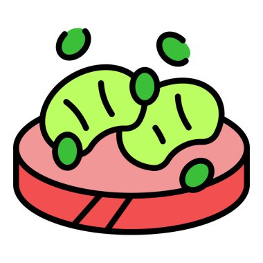 Karides bruschetta ikon ana hatları vektörü. Yemek aperatifi. İtalyan açık büfe rengi düz