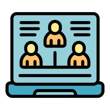 Laptop çevrimiçi ders simgesi ana hatları vektörü. Planı öğren. Özel okul rengi düz