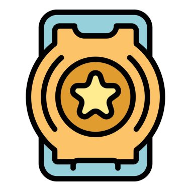 Akıllı telefon çevrimiçi gözden geçirme simgesi ana hatları vektörü. Fikir raporu. İstemci deneyimi renk düzlüğü