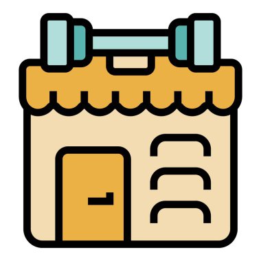 Barbell spor mağazası ikonu ana hatları vektörü. Ayakkabı malzemeleri. Mağaza satıcı rengi düz