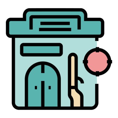 Silah dükkanı ikonu ana hatları vektörü. Spor mağazası. Orta ekipman rengi düz