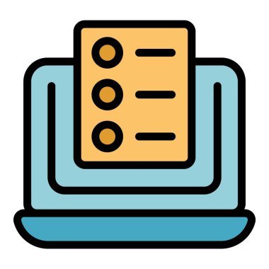 Dizüstü bilgisayar personel simgesi ana hatları vektörü. Eğitim ofisi. Seminer toplantı rengi düz