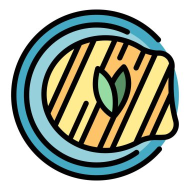 Biftek ikonu ana hatları vektörü. Mutfak yemeği. Tabak kahvaltı rengi düz