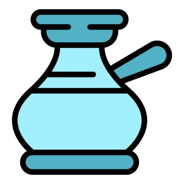 Metal kahve demliği ikonu ana hatları vektörü. Makineli bardak. Cezve fincan rengi düz