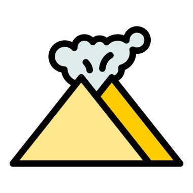 Peyzaj volkanı ikonu ana hat vektörü. Lav magması. Volkan krateri rengi düz