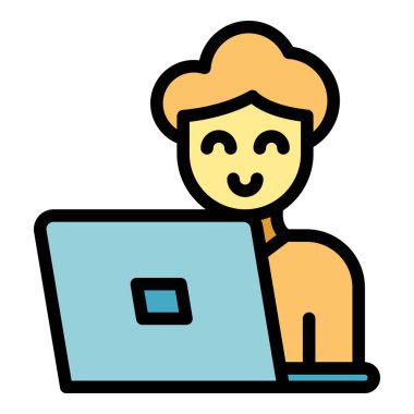 Dizüstü bilgisayar çevrimiçi oy kullanma ikonu ana hatları vektörü. Gezici anket. Dijital internet rengi düz