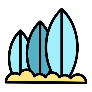 Plaj sörf tahtası ikonu ana hatları vektörü. Endonezya manzarası. Asya turizmi düz