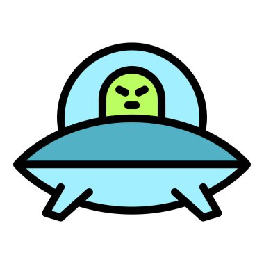 Uzaylı gemi simgesi ana hat vektörü. Uzaylı. Canavar astronot rengi düz