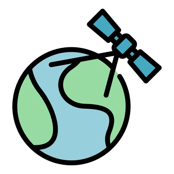 Globaler Umrissvektor Mit Satellitensymbolen Konferenzbesuch Online Arbeit Farbe Flach — Stockvektor