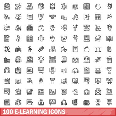 100 tane e-öğrenme simgesi ayarlandı. Beyaz arkaplanda izole edilmiş 100 e-öğrenme simgesi vektörünün ana hatları