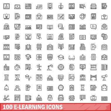 100 tane e-öğrenme simgesi ayarlandı. Beyaz arkaplanda izole edilmiş 100 e-öğrenme simgesi vektörünün ana hatları