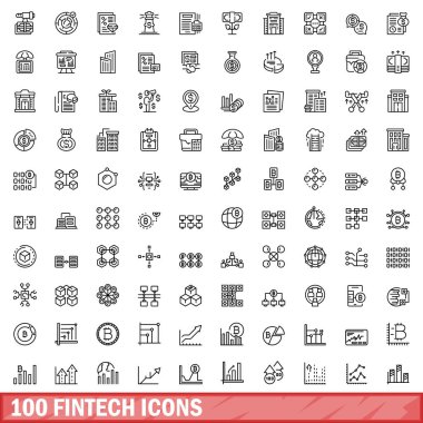 100 fintech simgesi ayarlandı. Beyaz arkaplanda izole edilmiş 100 fintech simge vektörünün taslağı