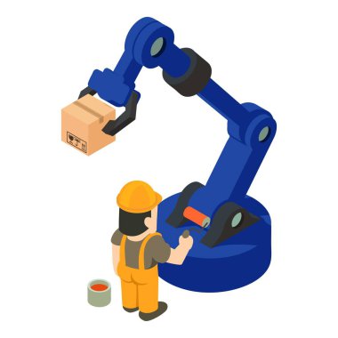 Çalışma ikonu izometrik vektörü boyanıyor. Boya silindirli adam, depo manipülatörü. Onarım, bitirme işi