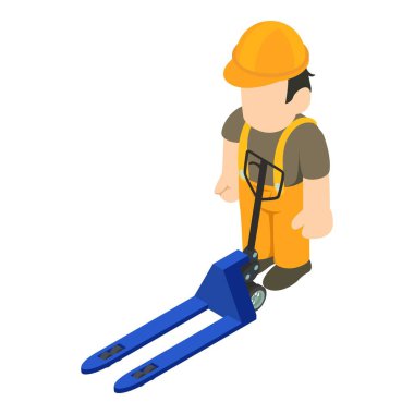 Depo çalışması ikonu izometrik vektörü. Erkek depo işçisi, el forklifti yakınlarında. Depolama konsepti, ekipman