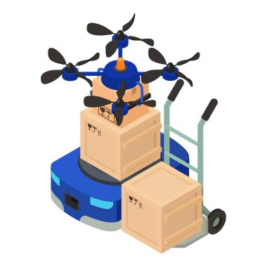 Modern dağıtım ikonu izometrik vektörü. Quadcopter drone ve depo robot ikonu. Özerk lojistik kavram