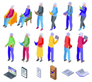 Yaşlılar ikon okuma izometrik vektörü ayarladı. Yaşlı kitabı. Çift yetişkin