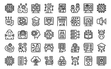 Eğitim ikonlarındaki yapay zeka ana hatları belirler. Robot dijital. Öğretmen gerçekliği